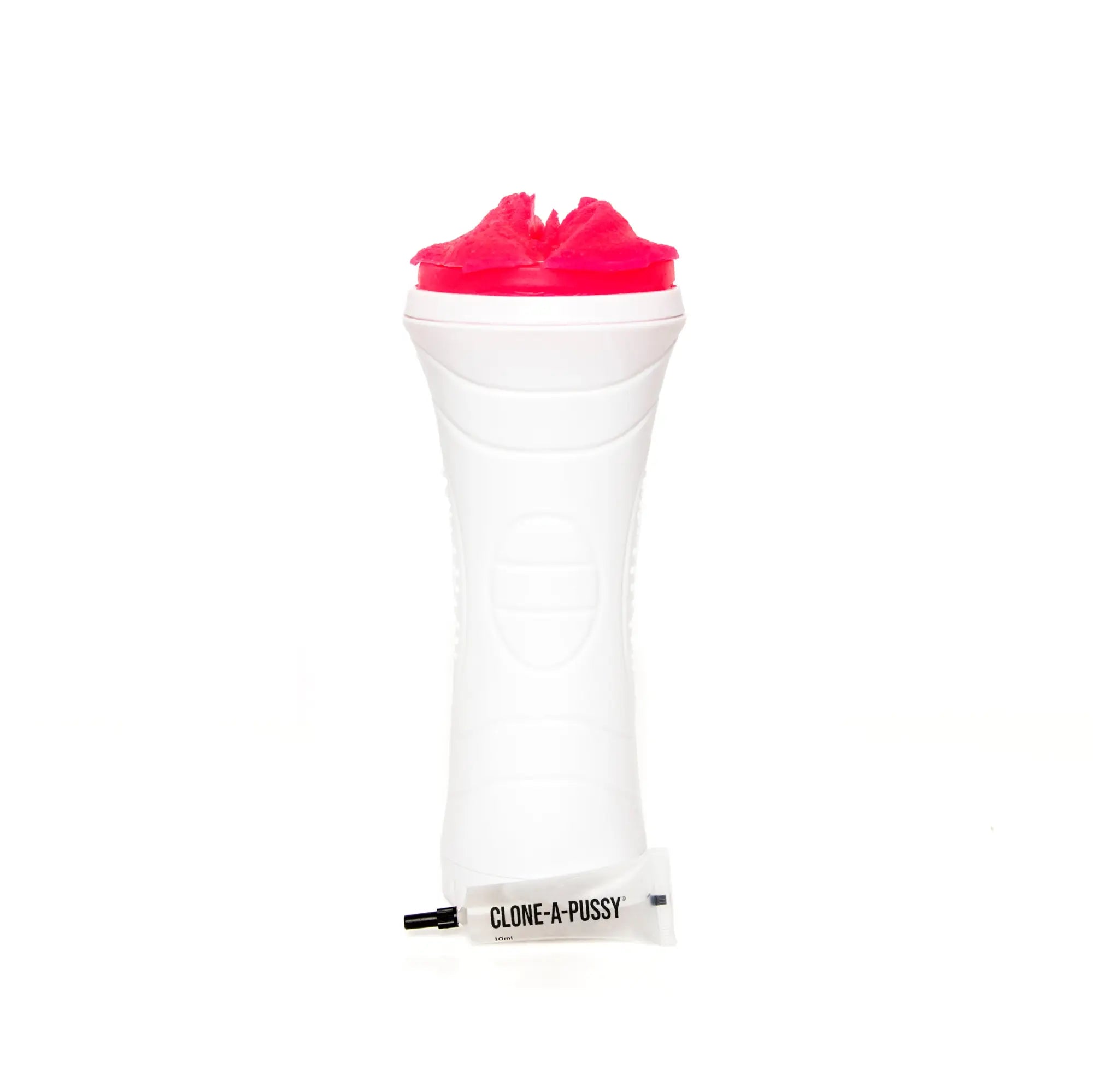 White plastic clone a pussy sleeve kit with bright pink textured top and small black nozzle for molding pleasure toy