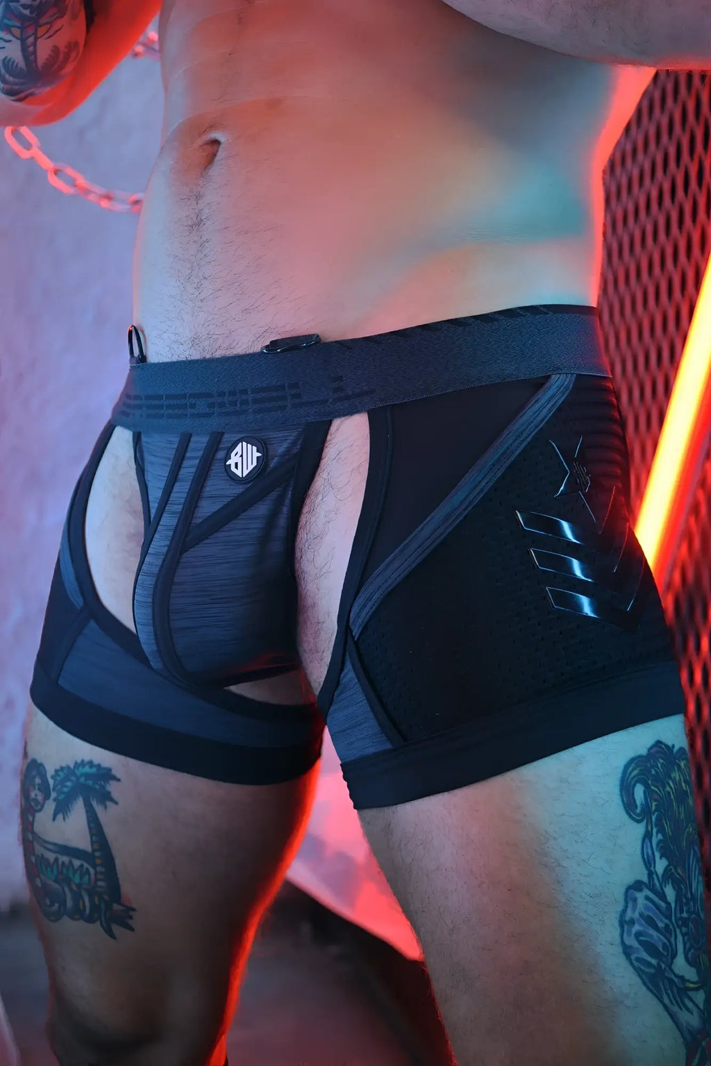 Cockpit chock black and gray athletic briefs with mesh panel reinforced seams and logo on waistband