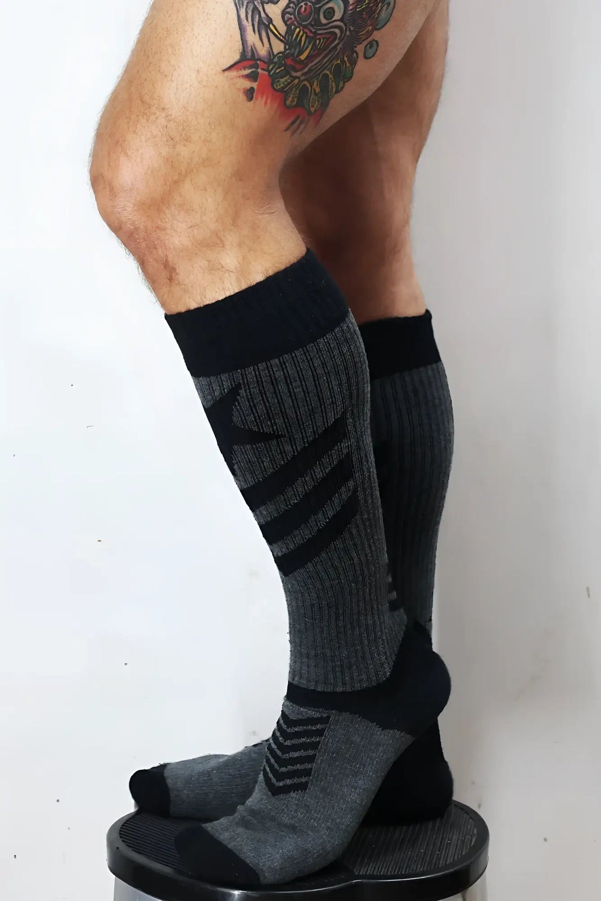 Gray and black cockpit socks knee-high athletic socks with ribbed texture bold stripes and reinforced toe and heel