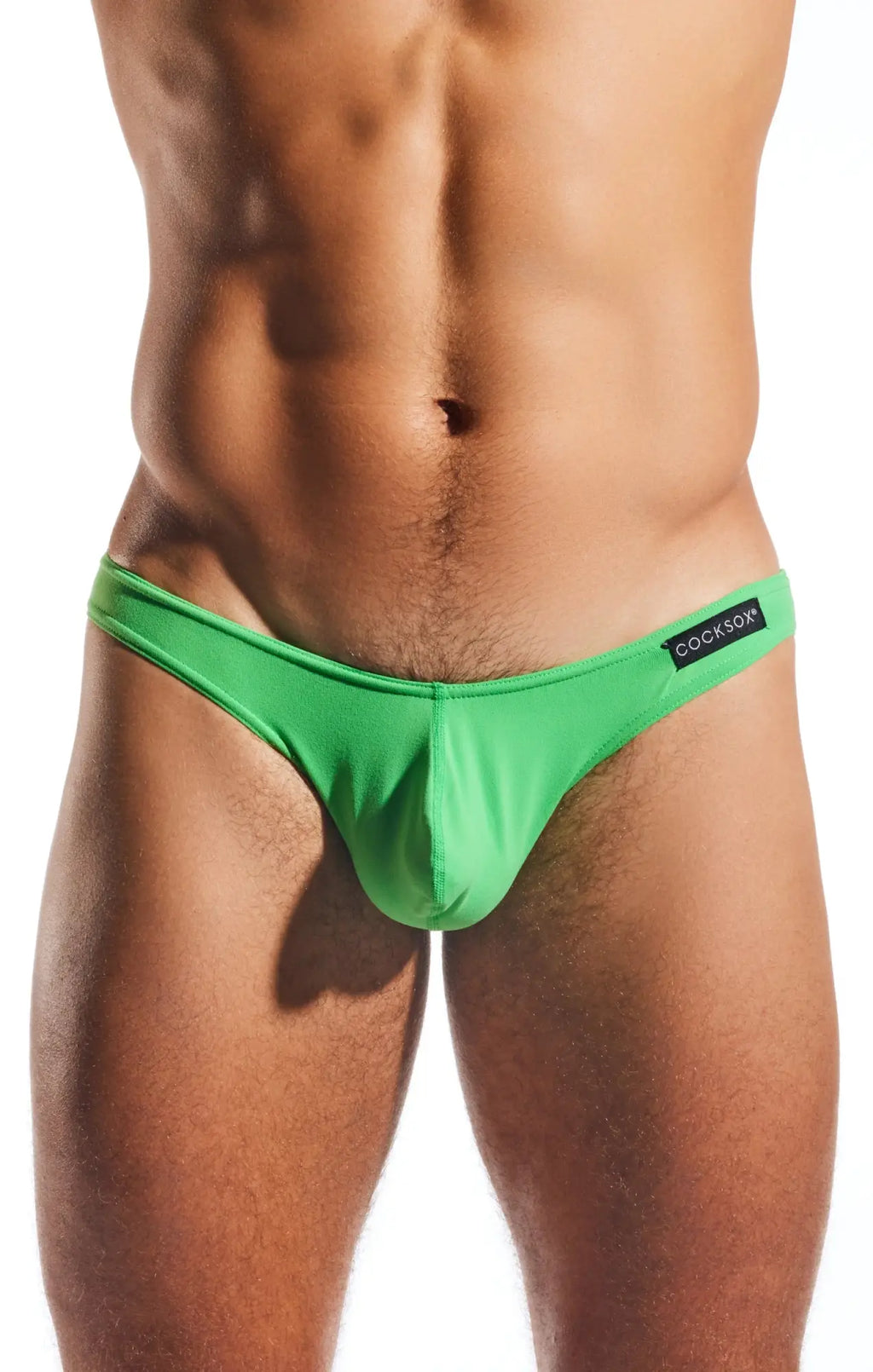 Bright green form-fitting thong brief with black cocksox brand label on waistband cocksox cx01 brief