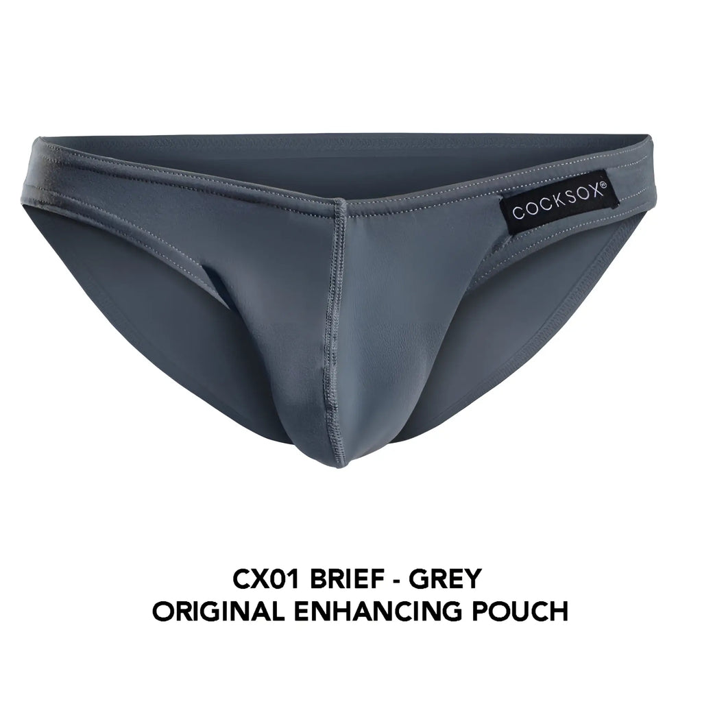 Grey Cocksox CX01 brief featuring a molded original enhancing pouch designed for comfort and support