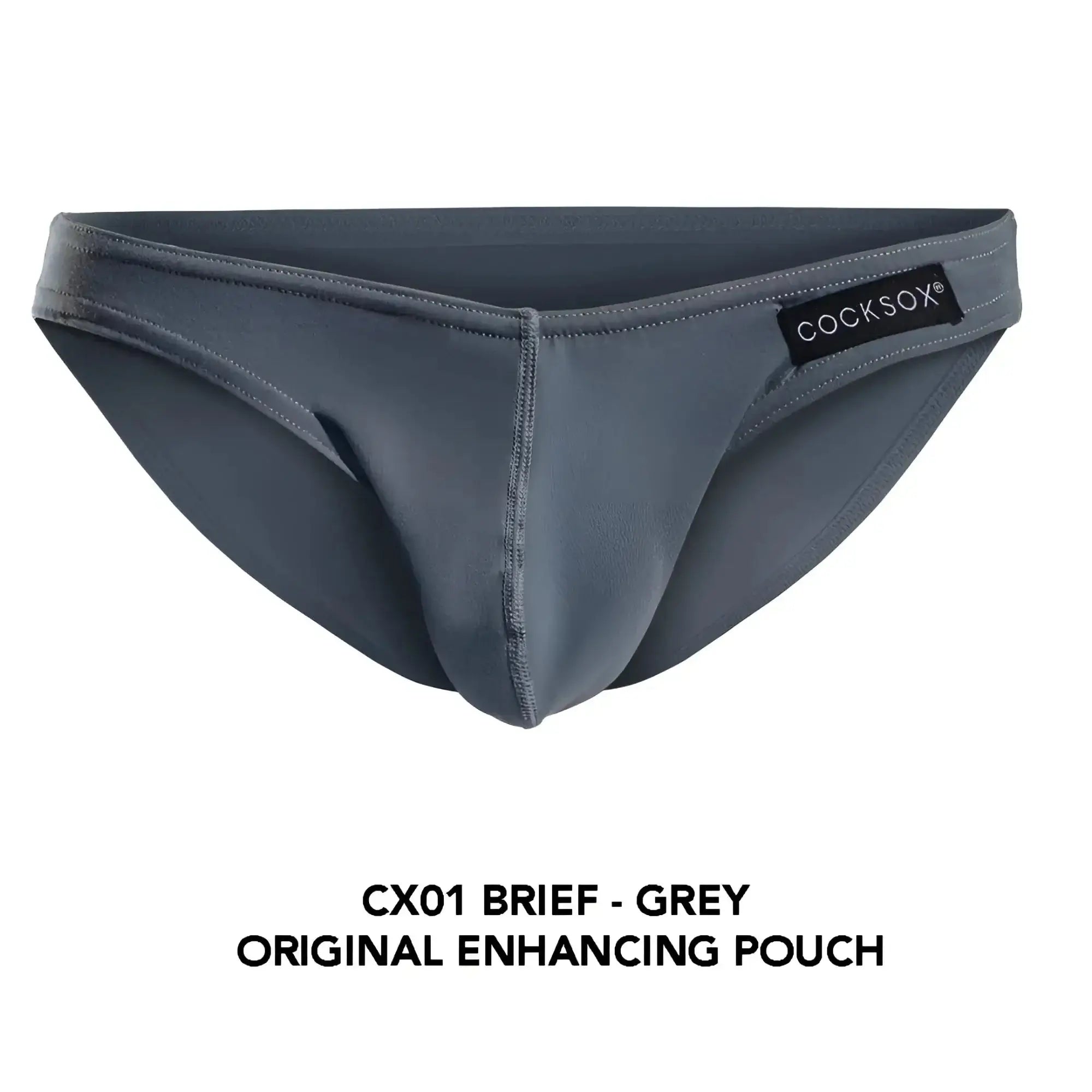Grey Cocksox CX01 brief featuring a molded original enhancing pouch designed for comfort and support