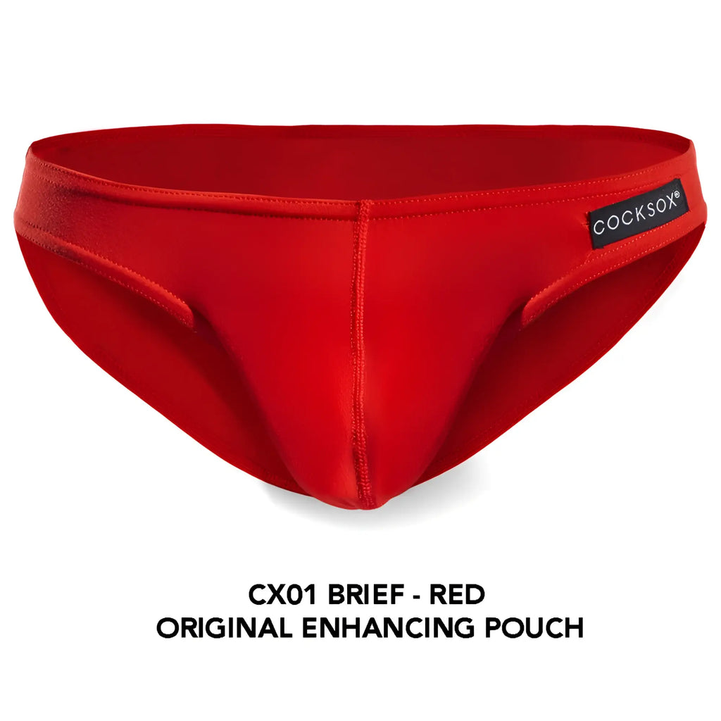 Red cocksox cx01 brief featuring an original enhancing pouch designed for comfort and support in vibrant red color