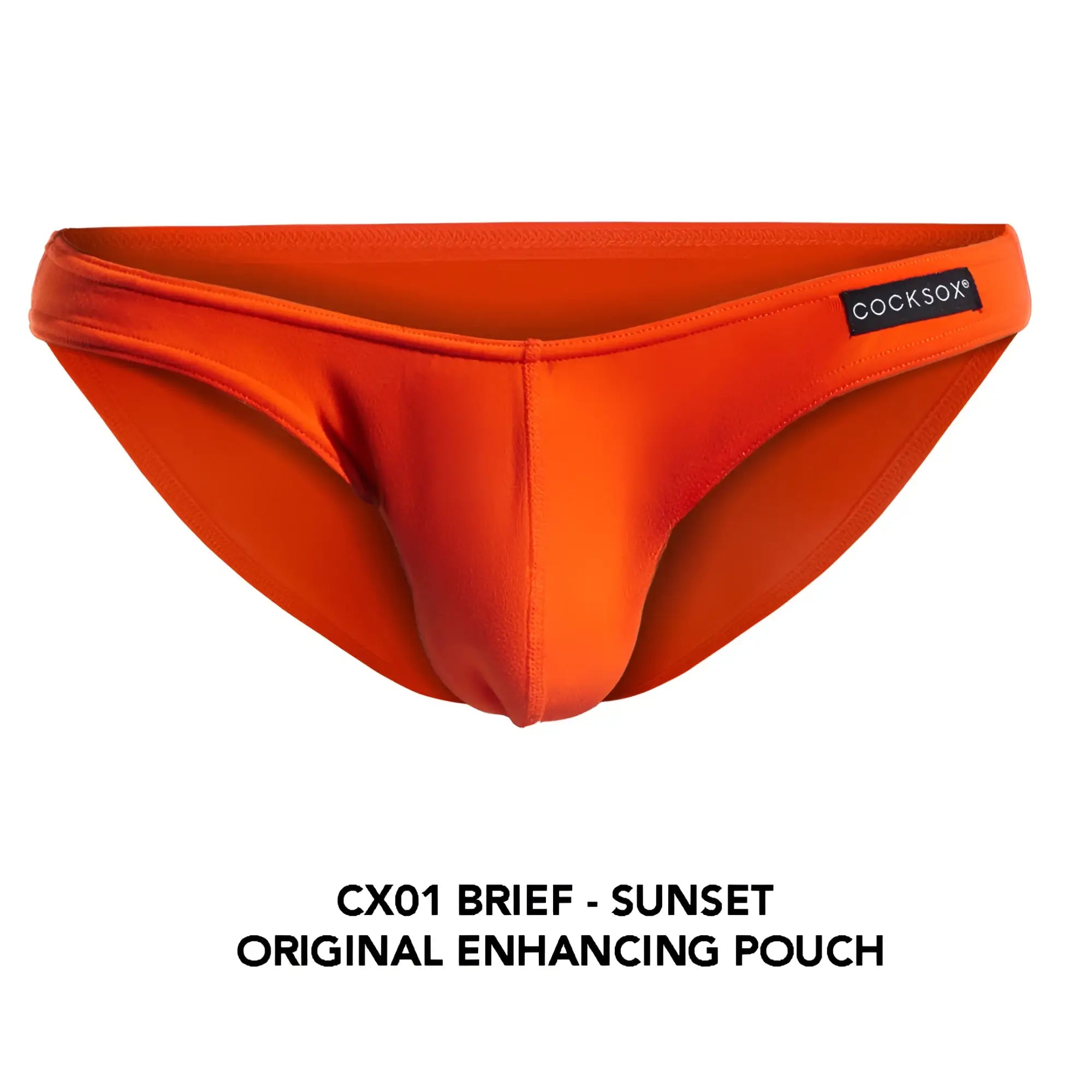 Vibrant orange Cocksox CX01 brief with sleek form-fitting design and original enhancing pouch in soft fabric