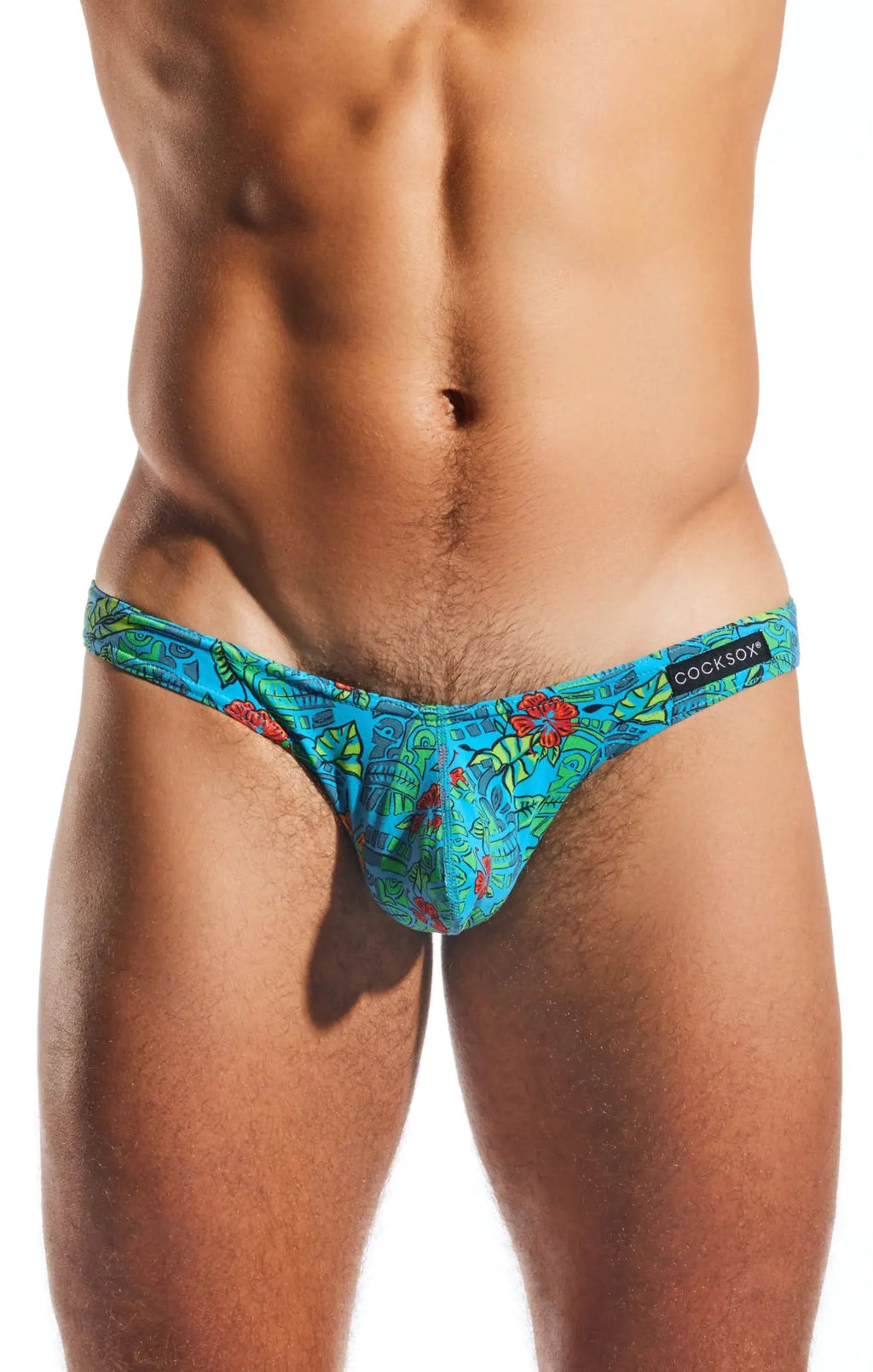Vibrant turquoise tropical print thong brief from Cocksox made with soft, breathable fabric for comfortable wear