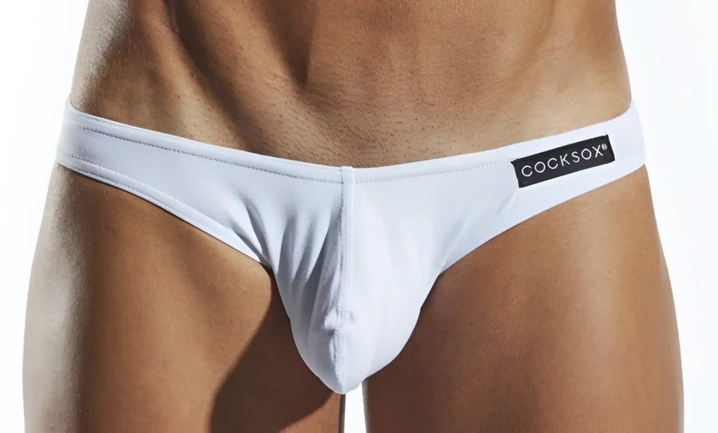 White cocksox CX01 brief men’s underwear with a black brand label on the waistband in soft fabric