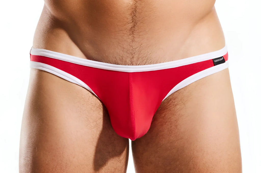 Red and white cocksox cx01bb thong with sleek form-fitting design and comfortable fabric for everyday wear