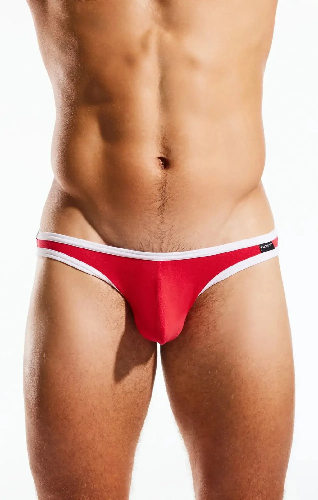 Red and white cocksox cx01bb brief thong with sleek minimalist design showing the back side of the product