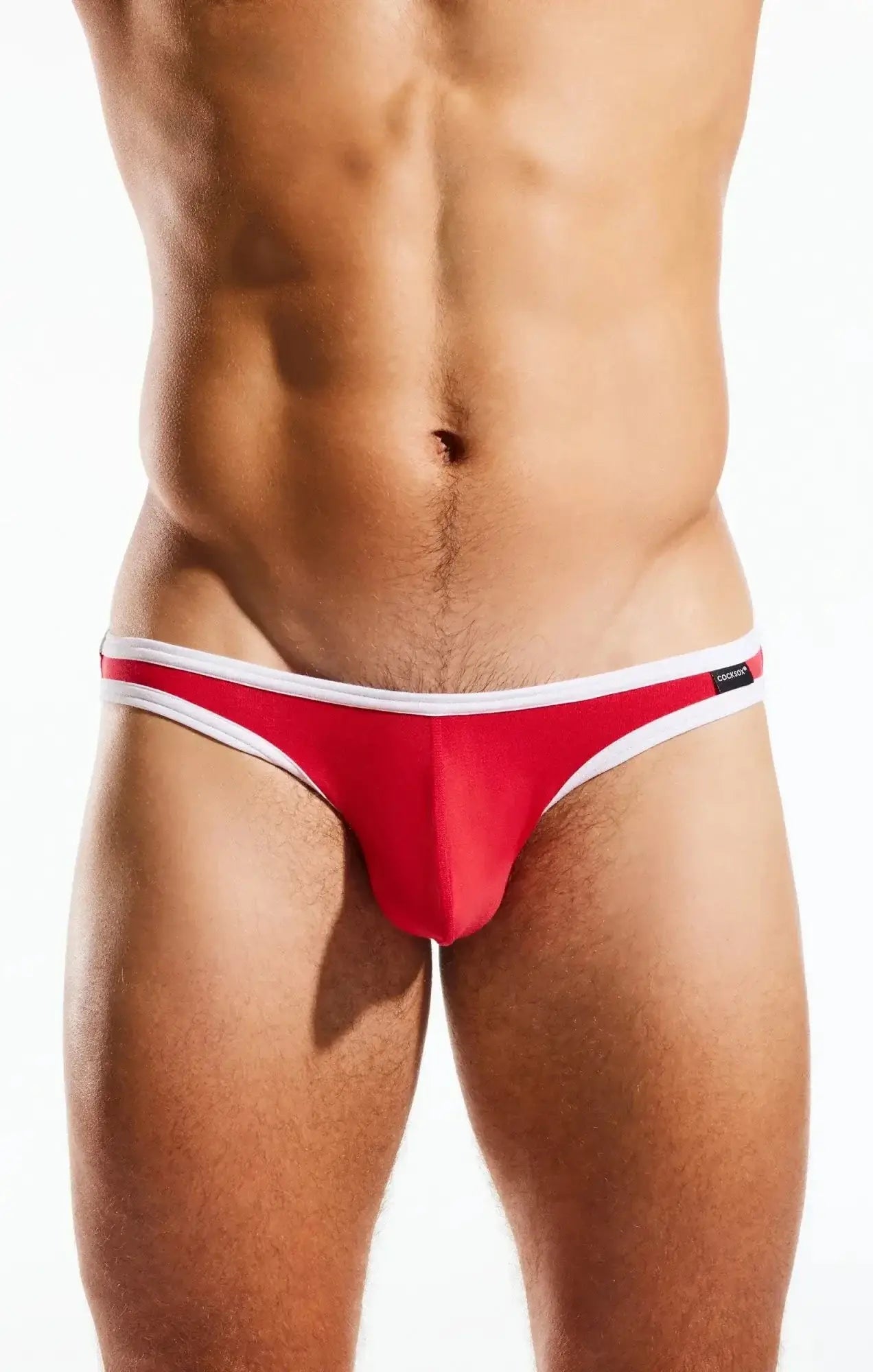 Red and white cocksox cx01bb brief thong with sleek minimalist design showing the back side of the product