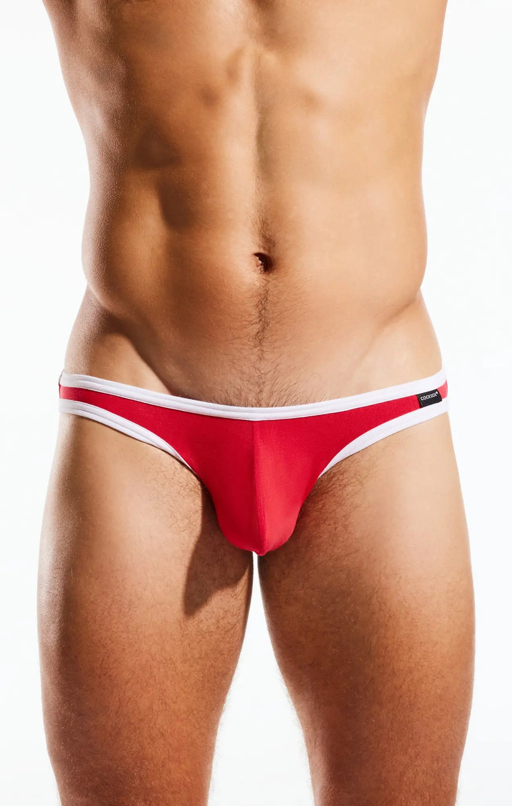 Red and white cocksox cx01bb brief thong with sleek minimalist design showing the back side of the product