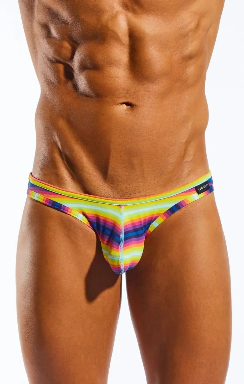 Cocksox CX01BD brief rainbow-striped men’s underwear with snug form-fitting design and elastic waistband