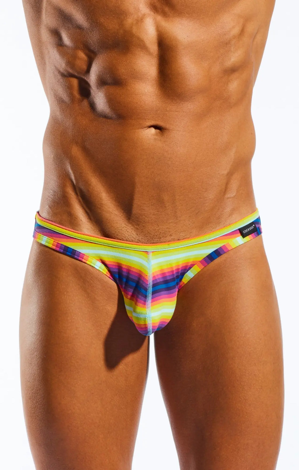 Cocksox CX01BD brief rainbow-striped men’s underwear with snug form-fitting design and elastic waistband