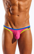 Vibrant pink and neon yellow cocksox cx01bd athletic briefs with bold blue waistband featuring shearlux label