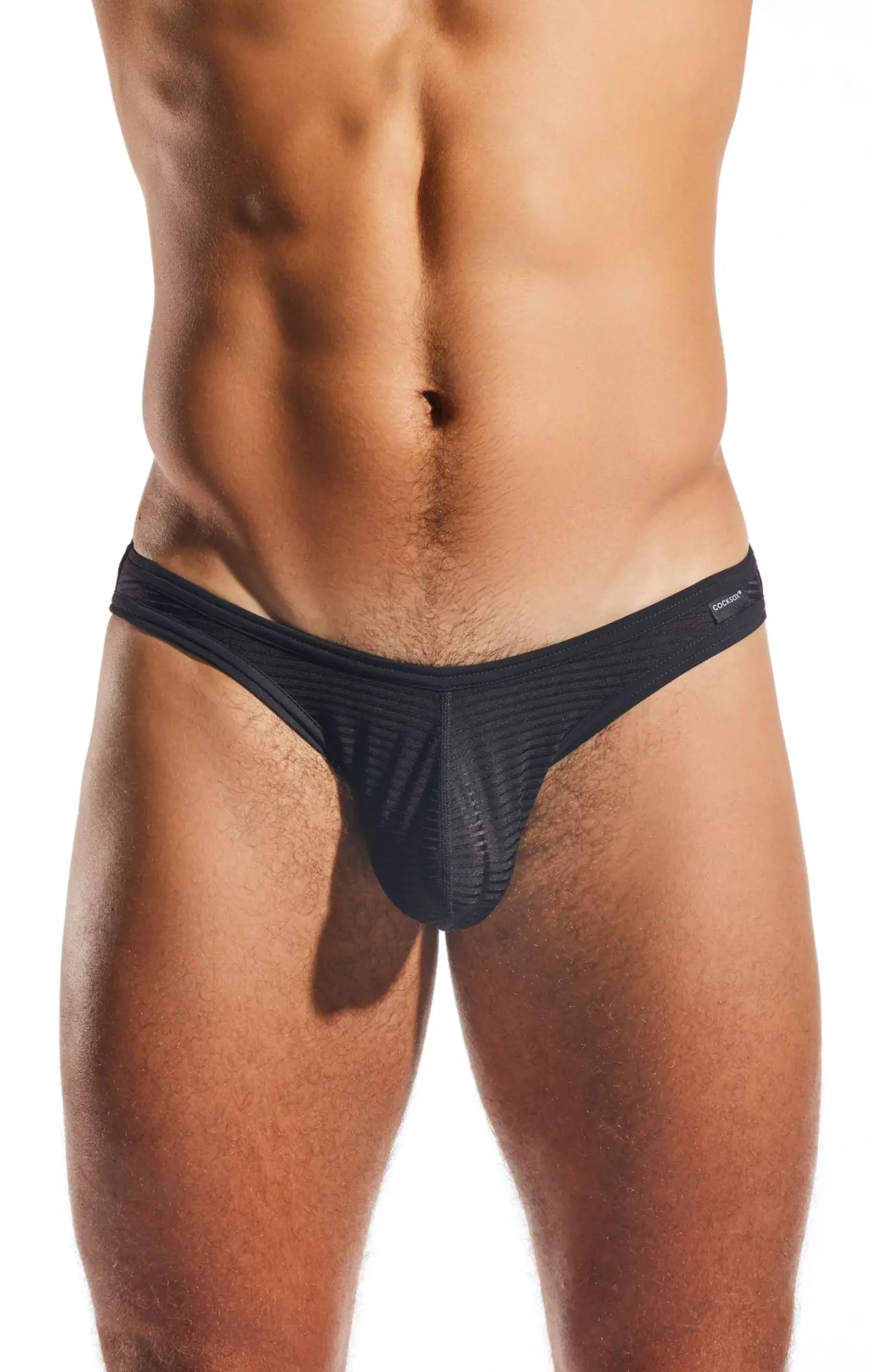 Black mesh Cocksox CX01LUX semi-sheer briefs with contoured design and subtle branding on the waistband
