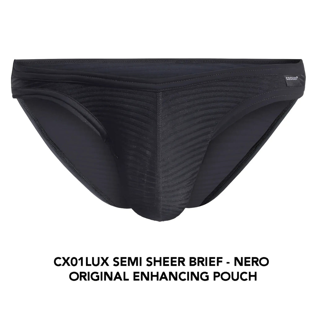 Black Cocksox cx01lux semi sheer brief with ribbed texture and original enhancing pouch for comfortable support