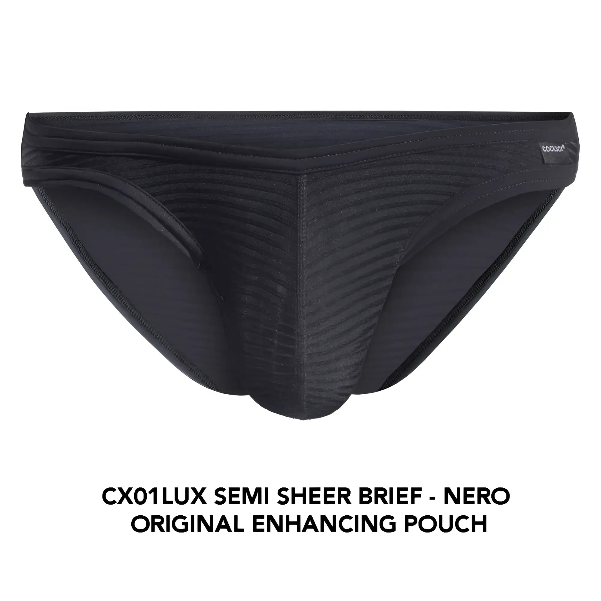 Black Cocksox cx01lux semi sheer brief with ribbed texture and original enhancing pouch for comfortable support