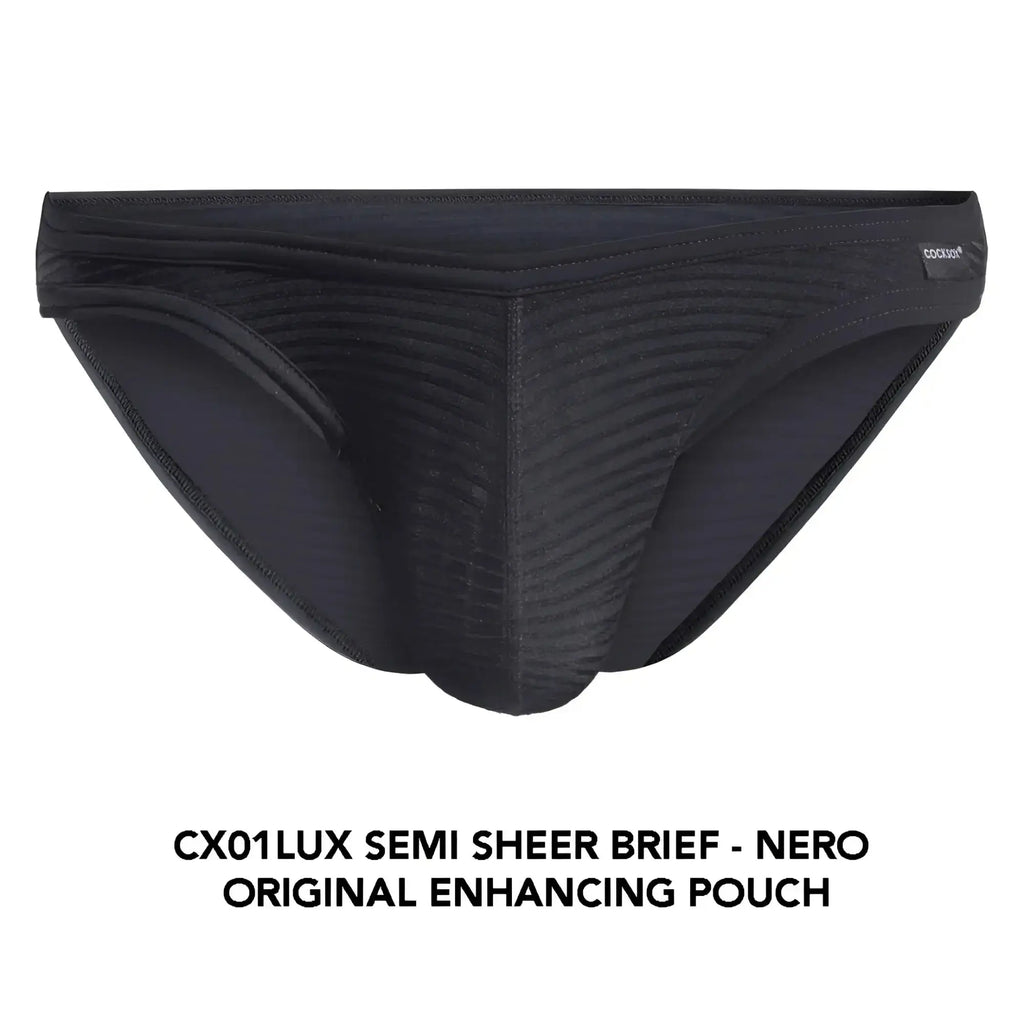 Black Cocksox cx01lux semi sheer brief with ribbed texture and original enhancing pouch for comfortable support