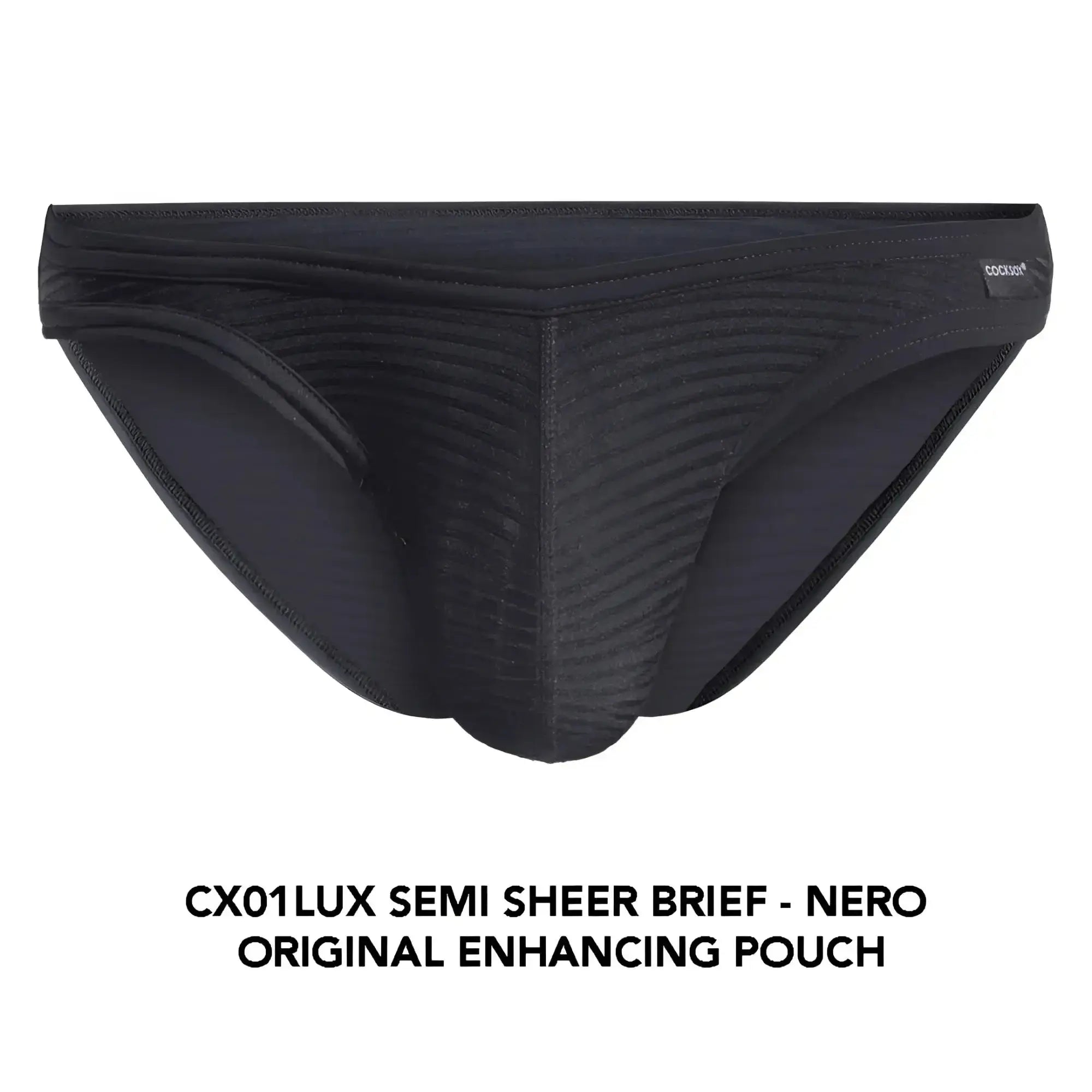 Black Cocksox cx01lux semi sheer brief with ribbed texture and original enhancing pouch for comfortable support