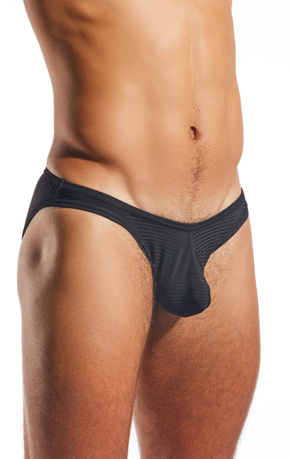 Black textured men’s briefs with contoured design cocksox cx01lux semi sheer brief front view
