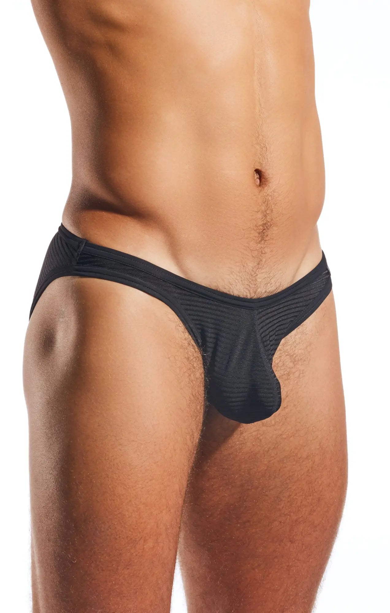 Black textured men’s briefs with contoured design cocksox cx01lux semi sheer brief front view