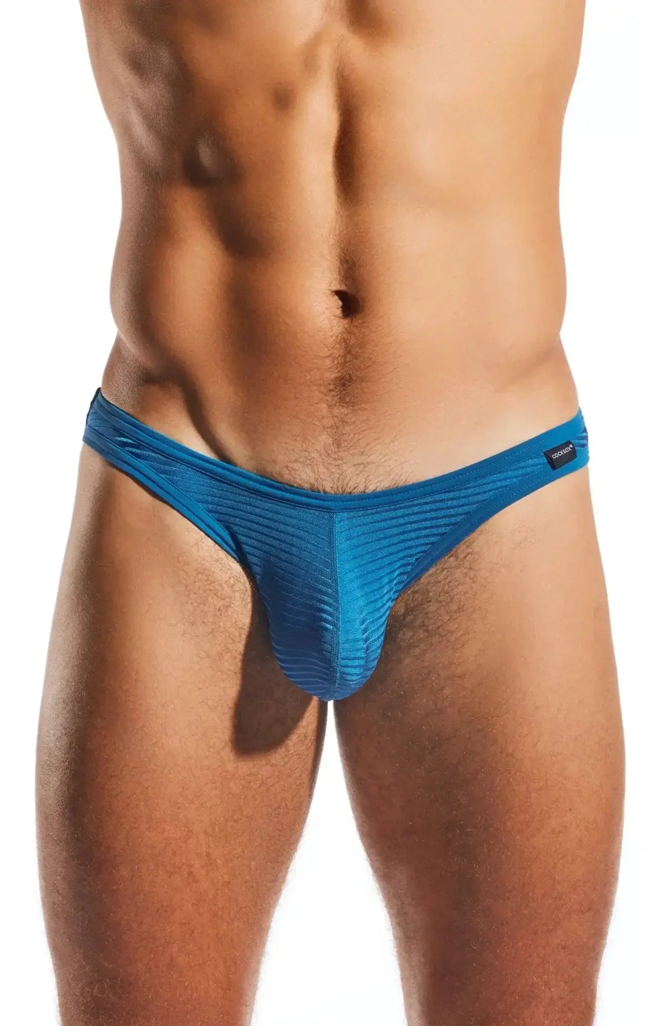 Blue ribbed cocksox cx01lux semi-sheer brief thong with sleek form-fitting design for men
