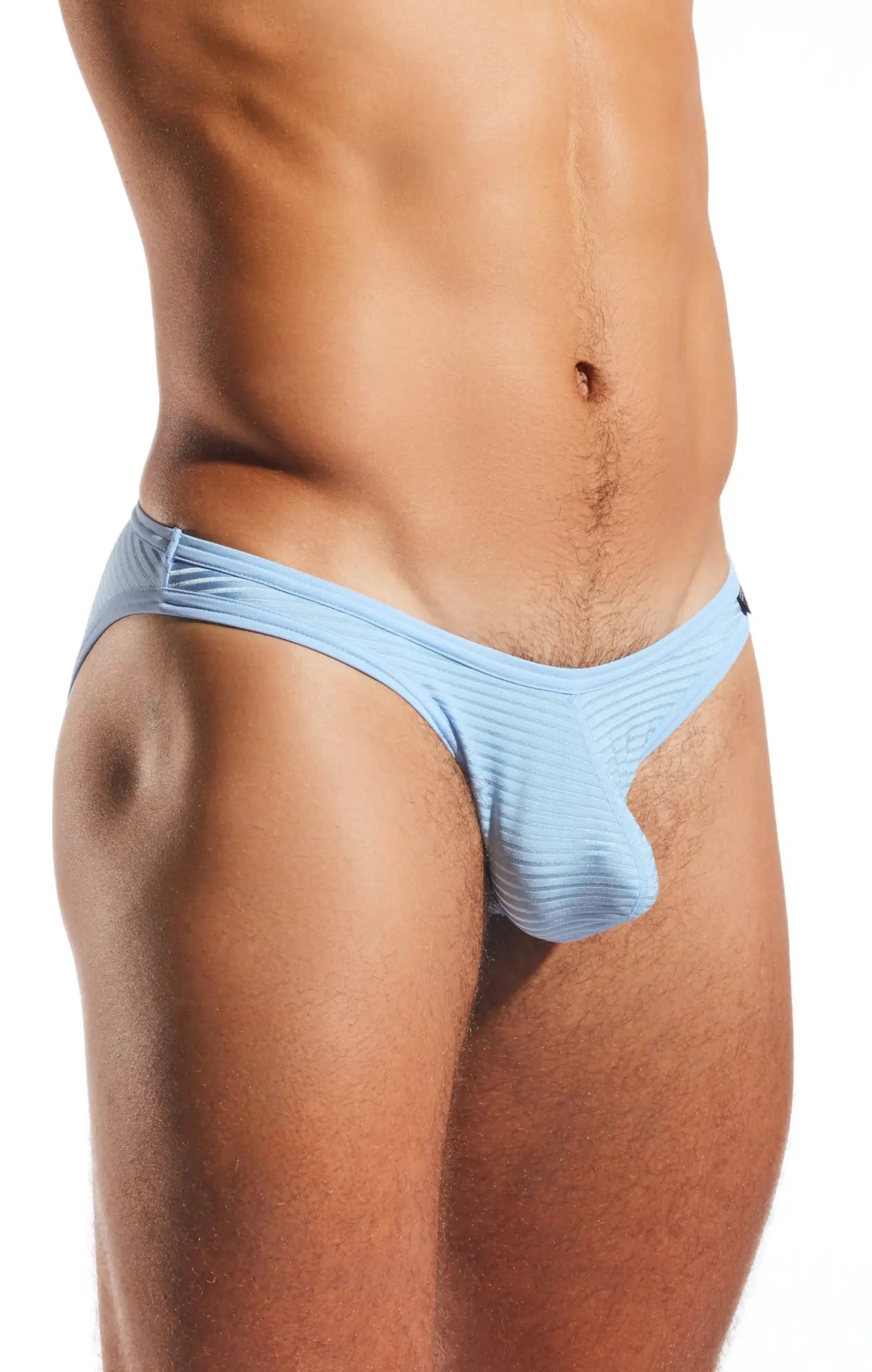 Light blue ribbed semi-sheer briefs with contoured design by Cocksox CX01LUX for comfortable support