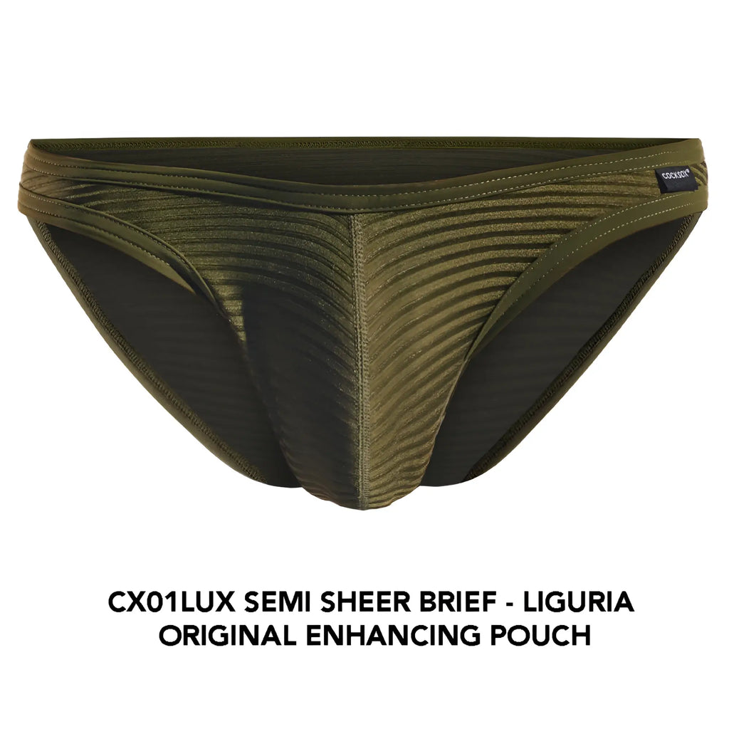 Cocksox CX01LUX olive green semi-sheer brief with ribbed texture and black inner lining front view