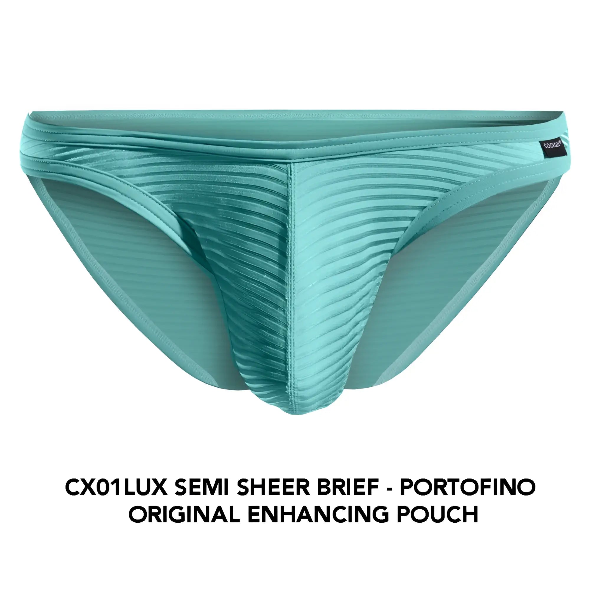 Teal cocksox cx01lux semi-sheer brief with ribbed texture and original enhancing pouch design in breathable fabric