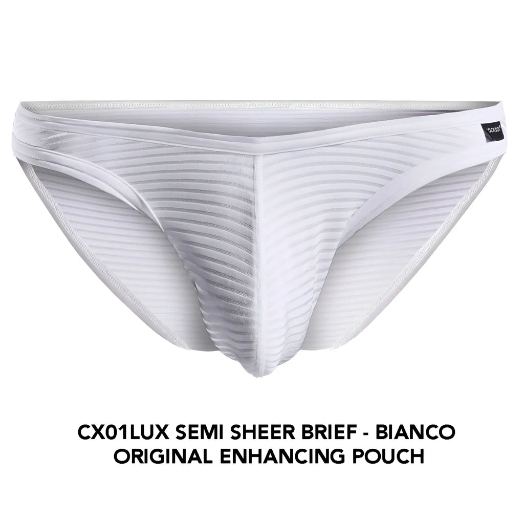 Cocksox cx01lux white semi sheer brief with subtle ribbed texture and original enhancing pouch design