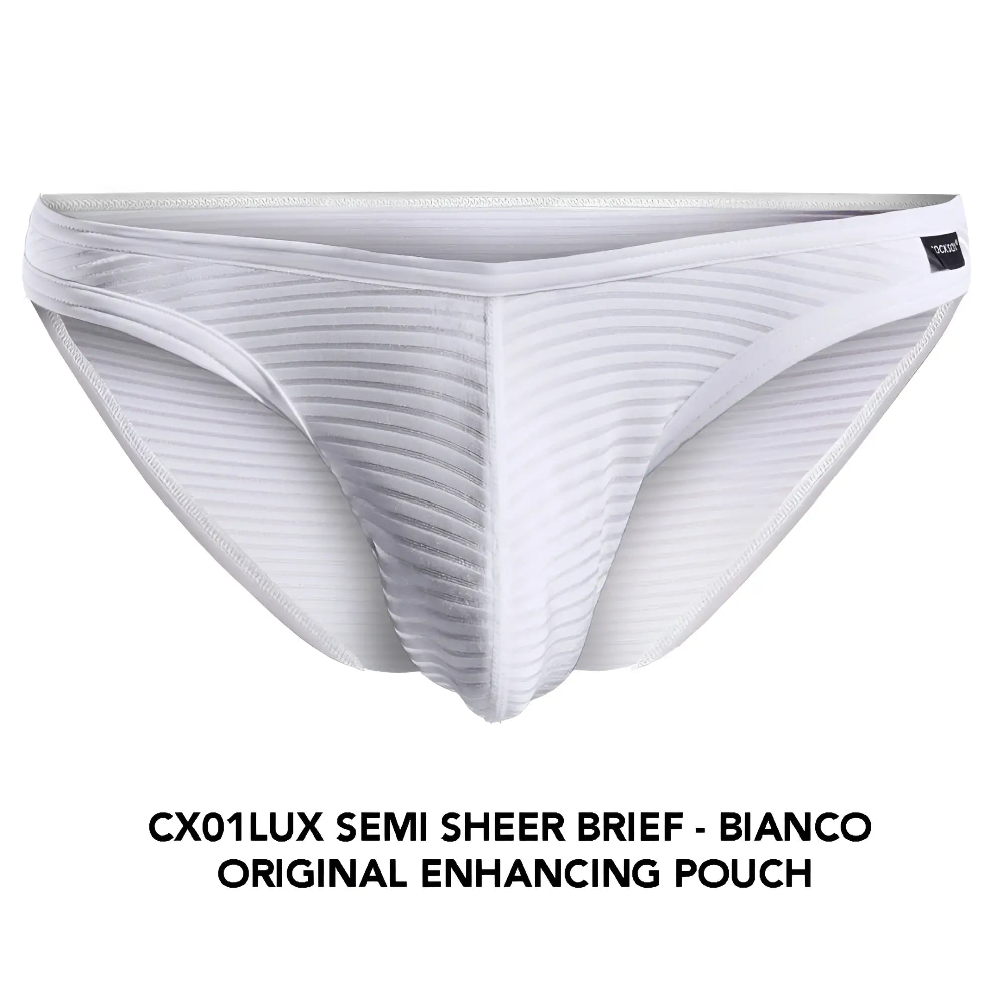 Cocksox cx01lux white semi sheer brief with subtle ribbed texture and original enhancing pouch design