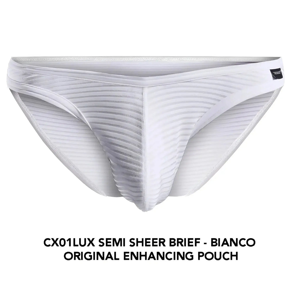 Cocksox cx01lux white semi sheer brief with subtle ribbed texture and original enhancing pouch design