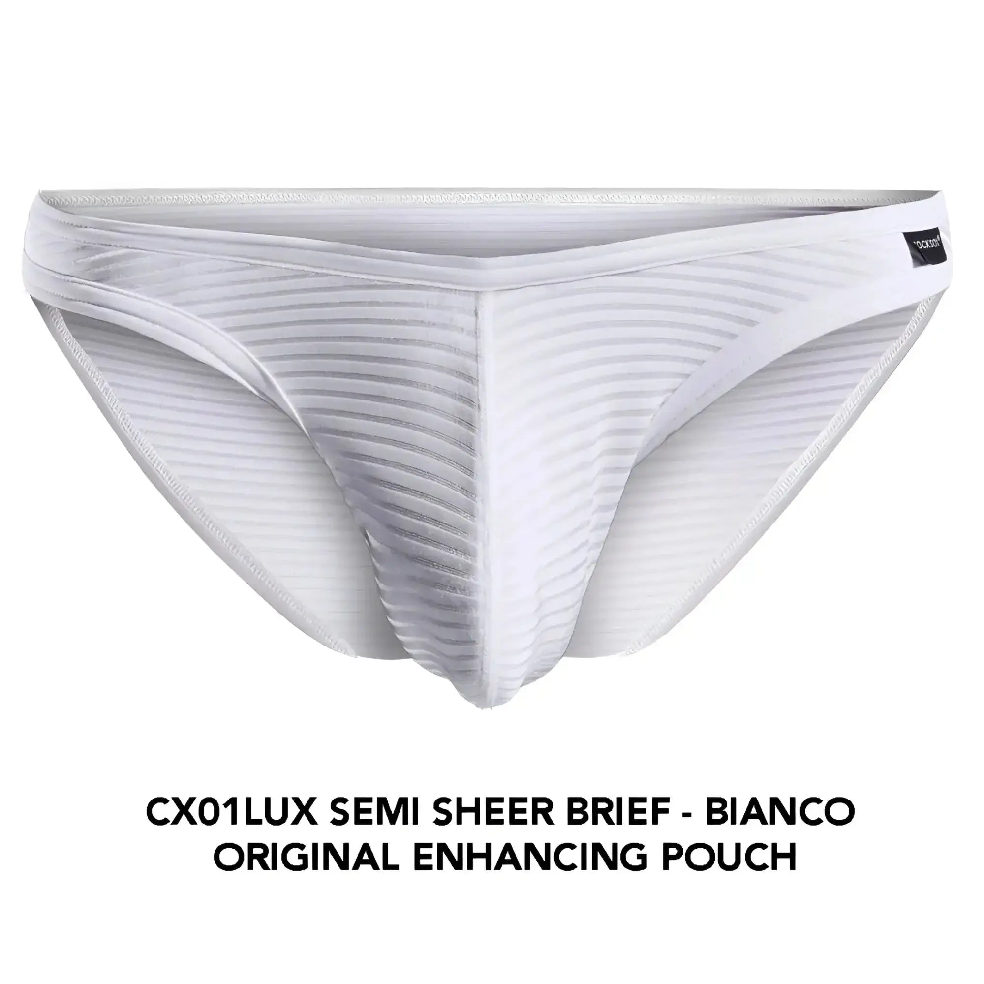Cocksox cx01lux white semi sheer brief with subtle ribbed texture and original enhancing pouch design