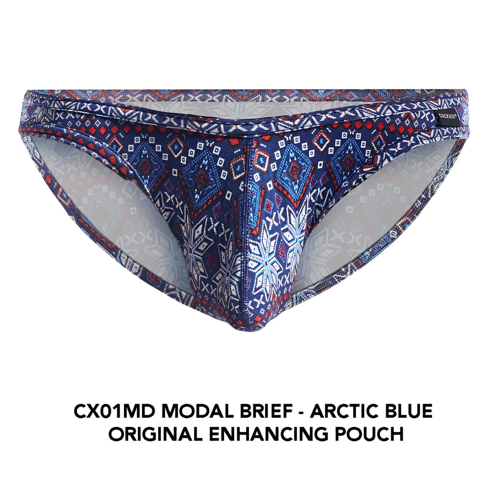 Cocksox CX01MD brief in arctic blue modal with bold navy red and white geometric snowflake pattern