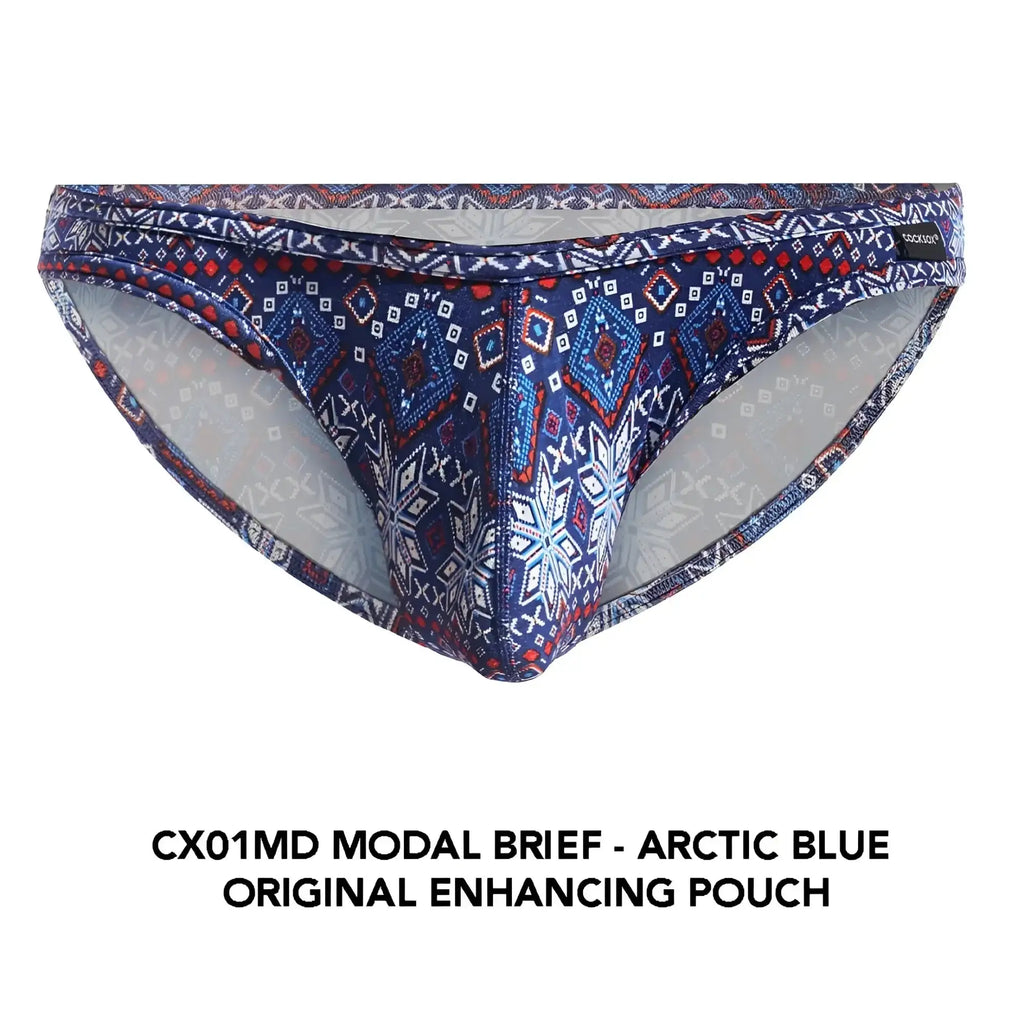 Cocksox CX01MD brief in arctic blue modal with bold navy red and white geometric snowflake pattern
