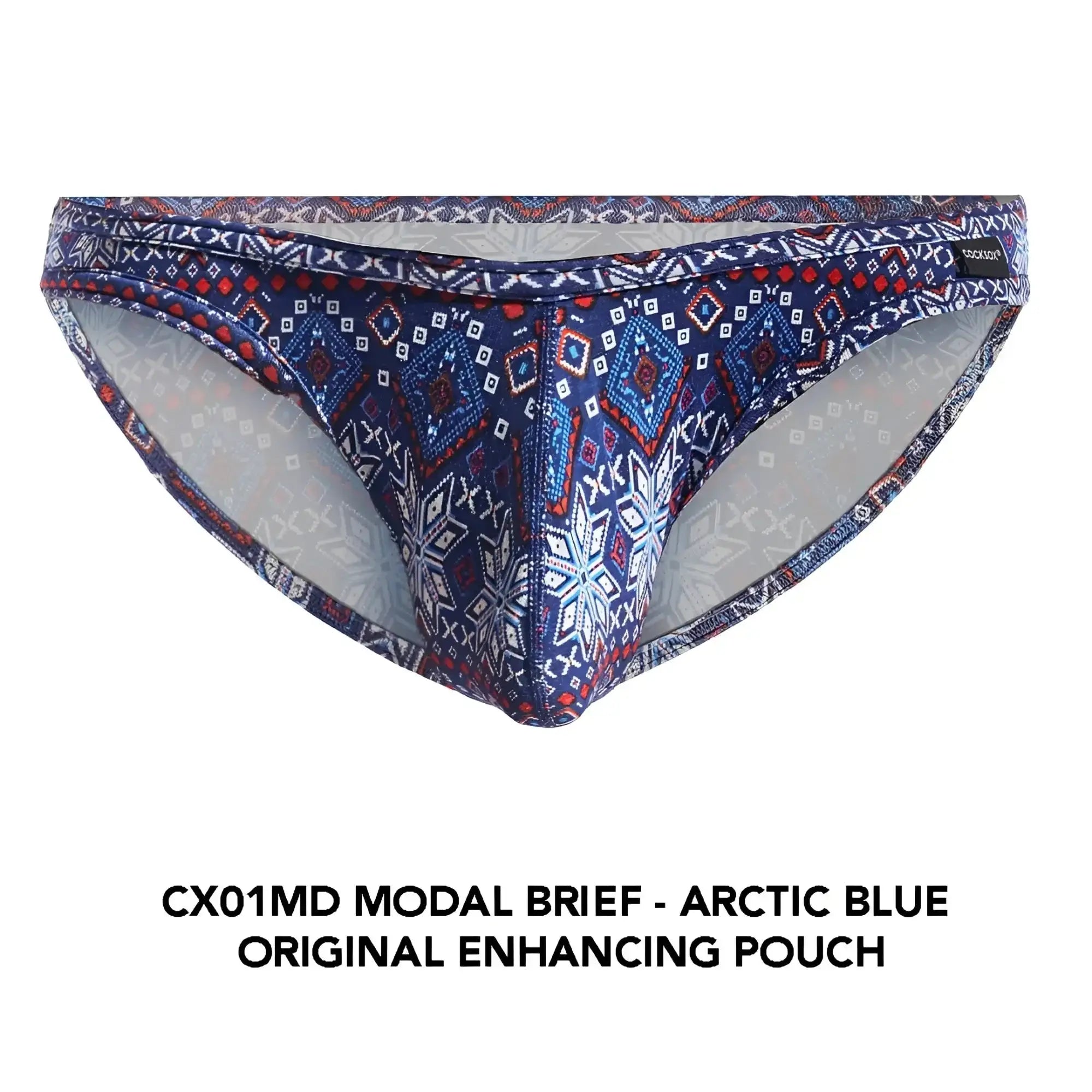 Cocksox CX01MD brief in arctic blue modal with bold navy red and white geometric snowflake pattern
