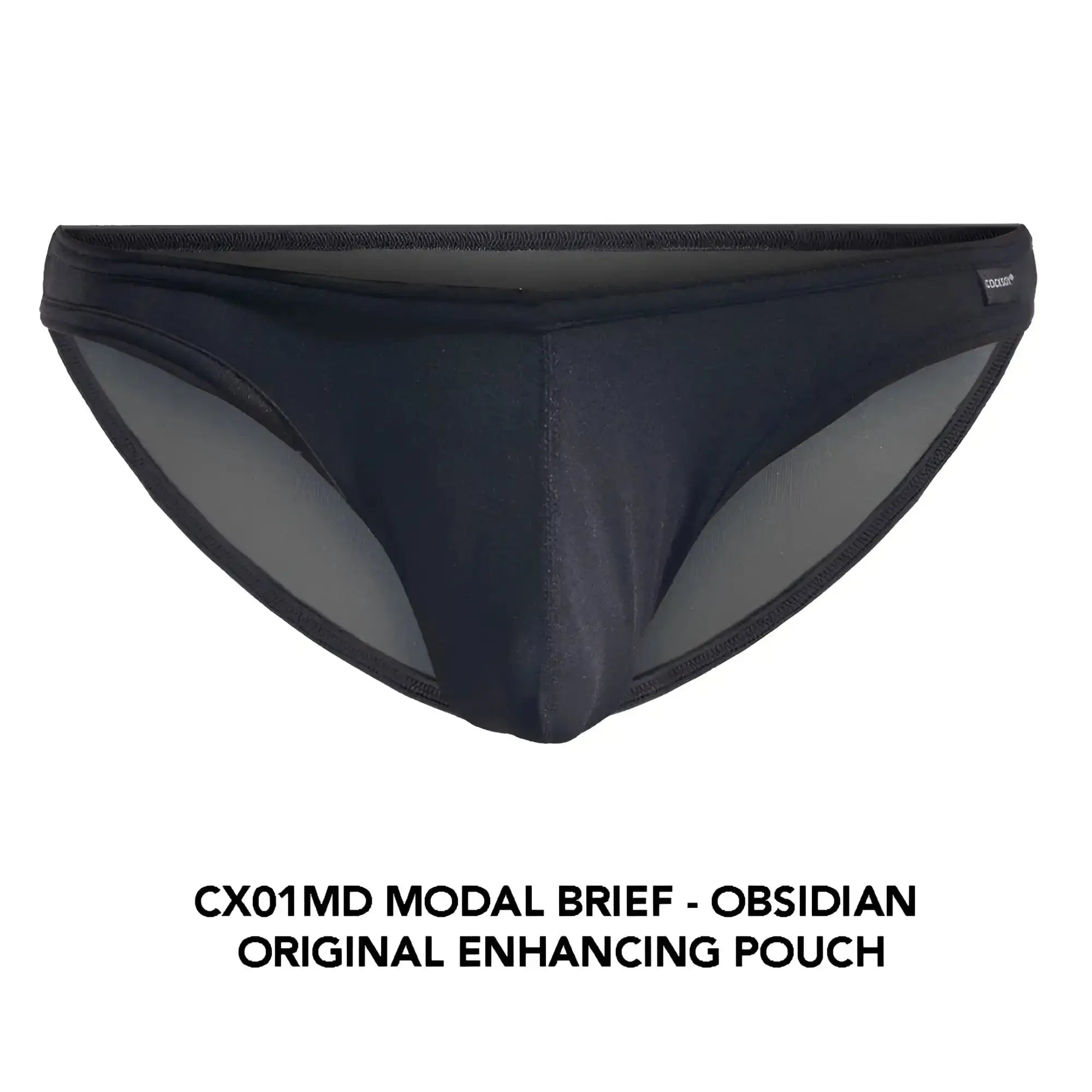 Black modal Cocksox CX01MD brief with sleek form-fitting design and subtle gray mesh lining for comfortable wear