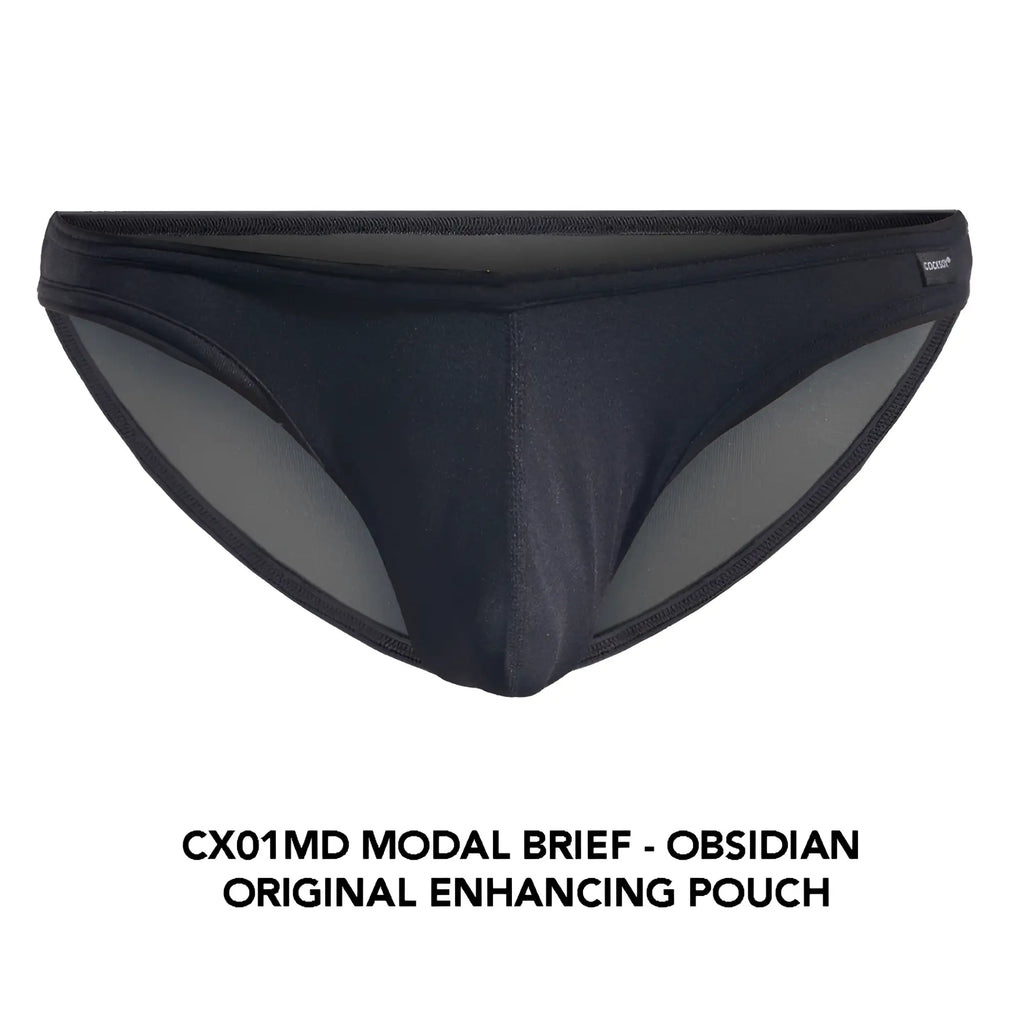 Black modal Cocksox CX01MD brief with sleek form-fitting design and subtle gray mesh lining for comfortable wear