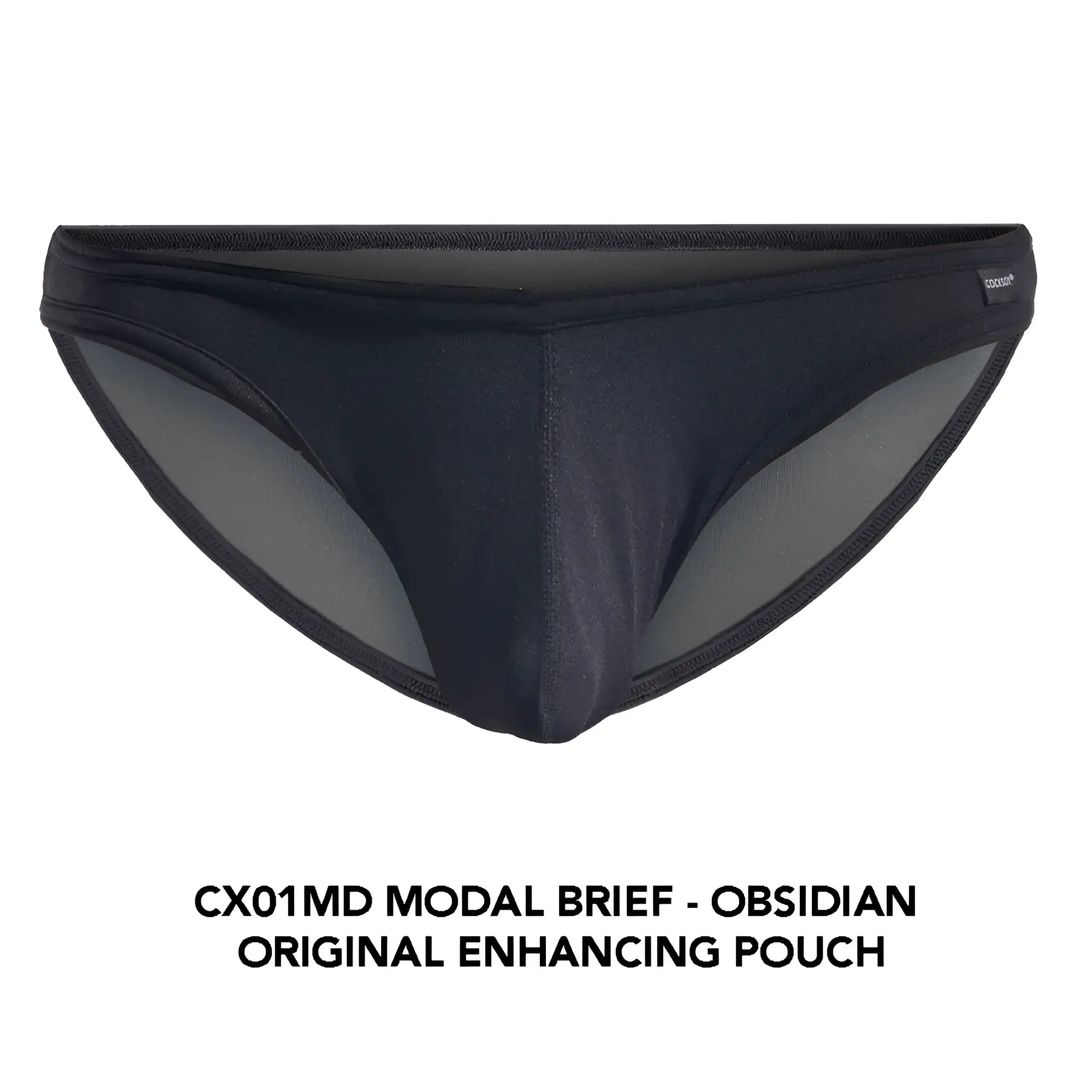 Black modal Cocksox CX01MD brief with sleek form-fitting design and subtle gray mesh lining for comfortable wear