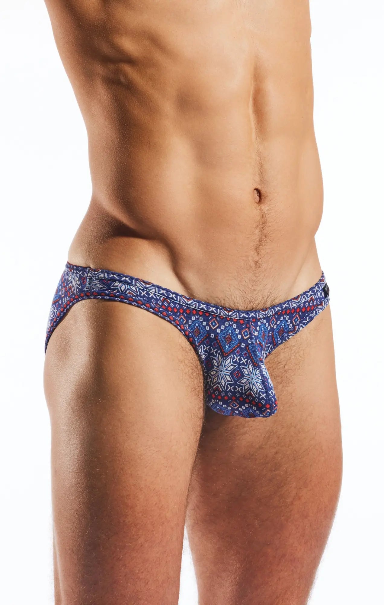 Cocksox cx01md men’s briefs in blue with intricate red white and navy geometric and floral patterns