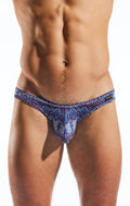 Cocksox CX01MD brief men’s thong with blue and red intricate geometric pattern and stretch fabric design