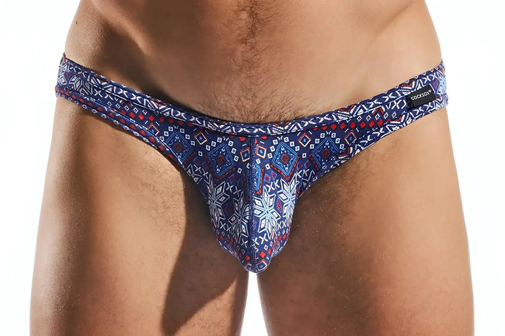 Cocksox cx01md brief blue and red patterned thong with intricate geometric designs showing front side details
