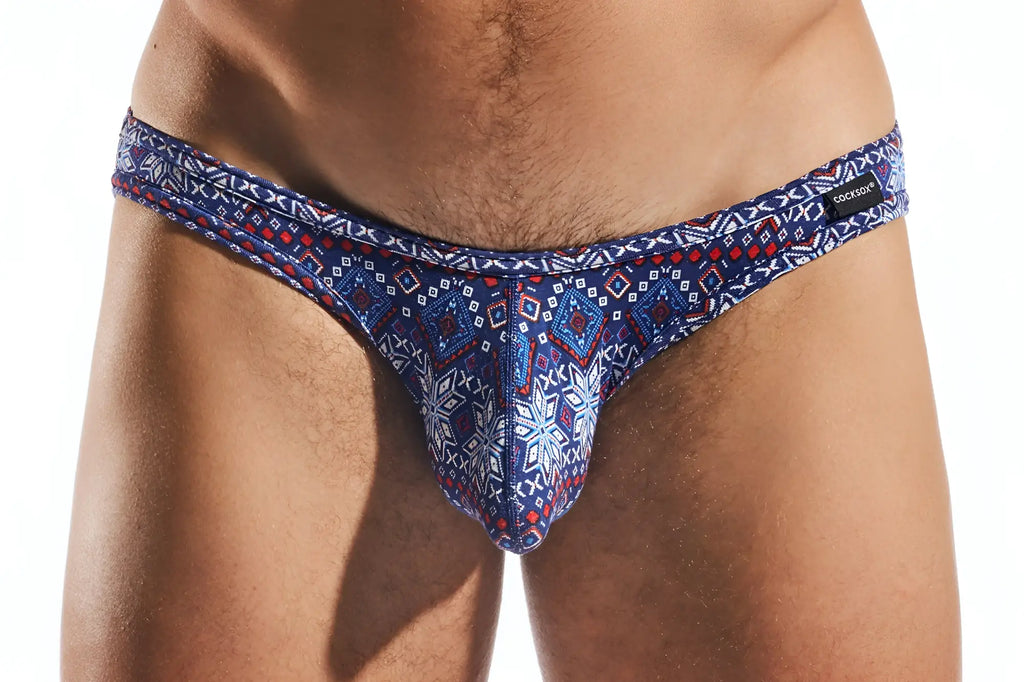Cocksox cx01md brief blue and red patterned thong with intricate geometric designs showing front side details