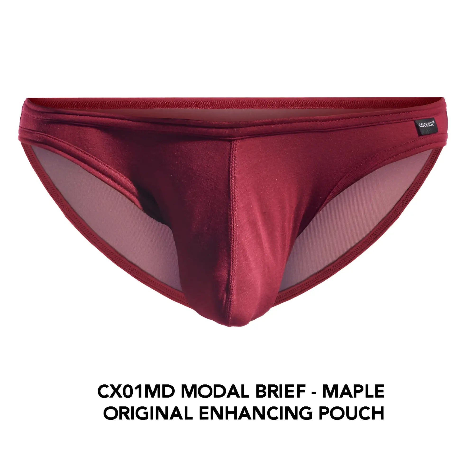 Cocksox CX01MD brief in maroon modal with subtle sheen sheer mesh lining and cocktail brand label on waistband