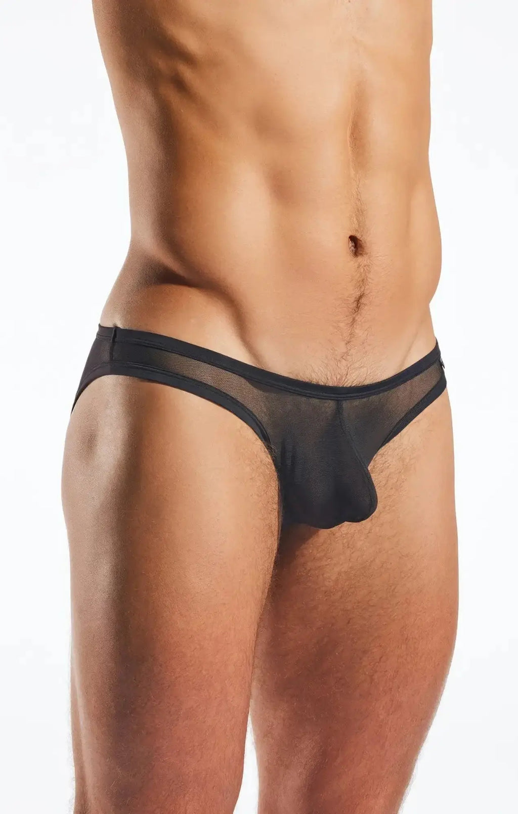Black sheer mesh briefs with solid black waistband from Cocksox CX01ME mesh brief collection front view
