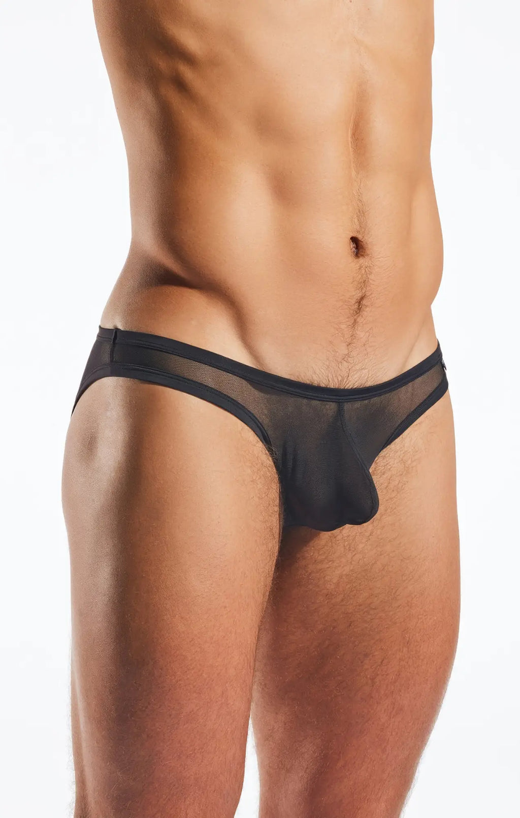 Black sheer mesh briefs with solid black waistband from Cocksox CX01ME mesh brief collection front view