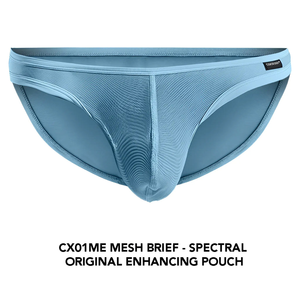 Light blue Cocksox CX01ME mesh brief with textured ribbed design and original enhancing pouch for support and comfort