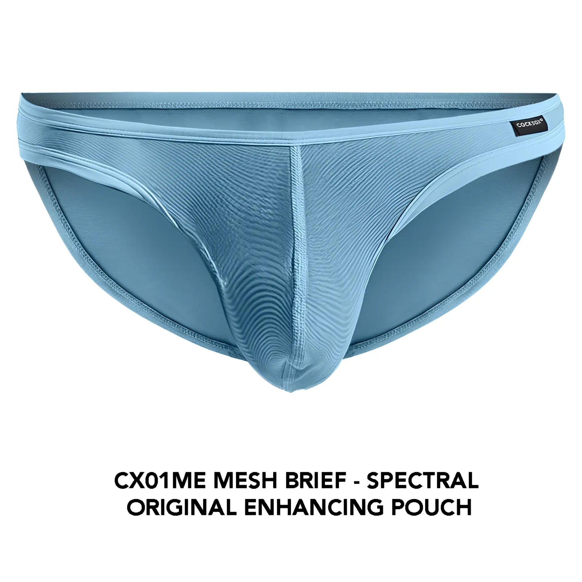 Light blue Cocksox CX01ME mesh brief with textured ribbed design and original enhancing pouch for support and comfort