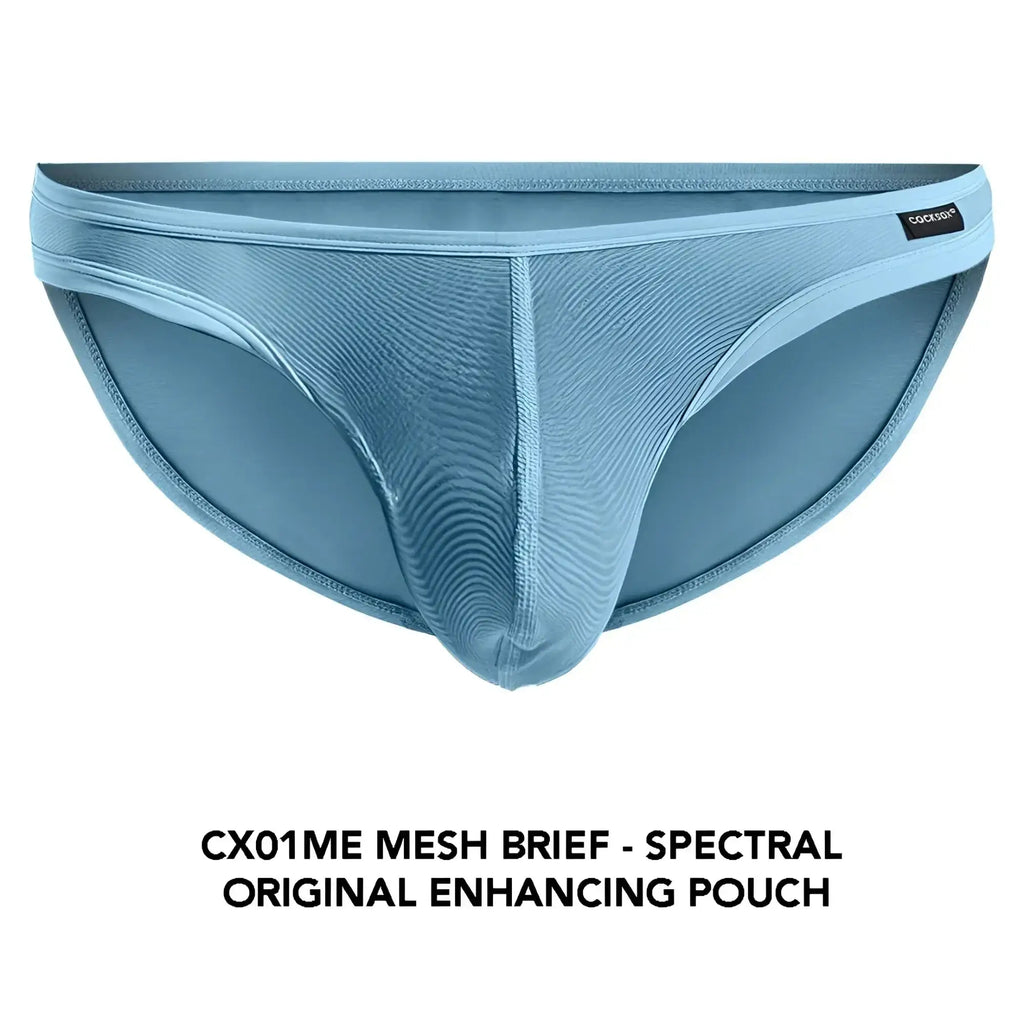 Light blue Cocksox CX01ME mesh brief with textured ribbed design and original enhancing pouch for support and comfort