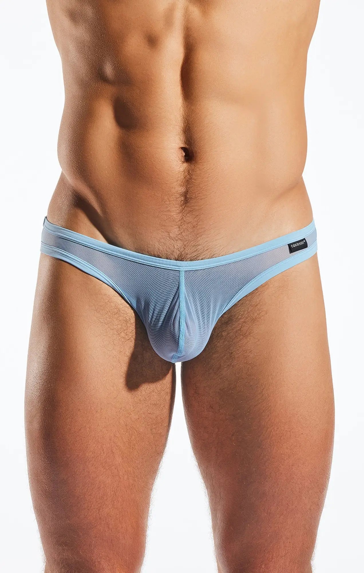 Light blue mesh thong brief by cocksox with a sleek form-fitting design made from breathable mesh material