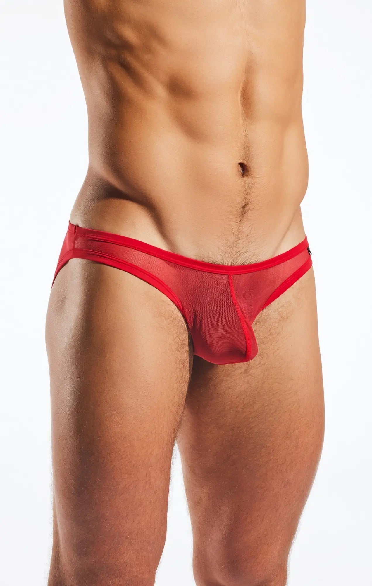 Red mesh briefs with a solid red waistband from cocksox cx01me featuring breathable mesh fabric and vibrant color
